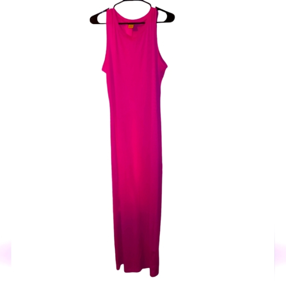 Daisy Ribbed Maxi Tank Top Dress w/ quarter slit up left side Hot Pink  NWOT